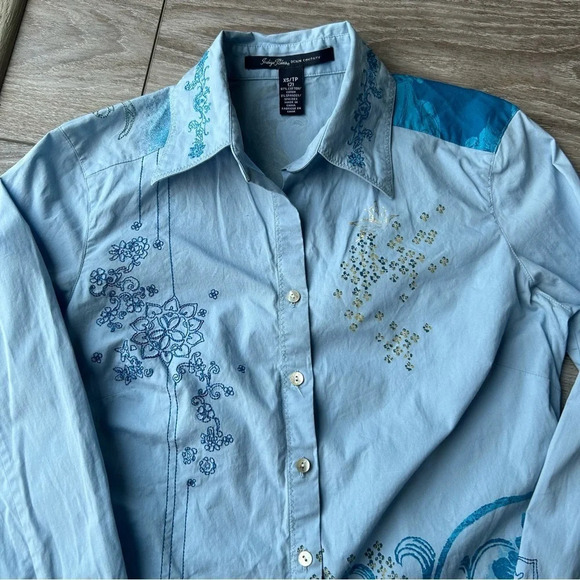 Indigo Palms Paisley Embroidered  Novelty Bohemian Button Down Shirt - Picture 12 of 16